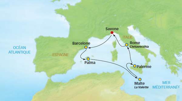 Itinéraires croisière Costa "Les Cités du Soleil" Savone, Barcelone, Palma, Malte, Palerme et Rome